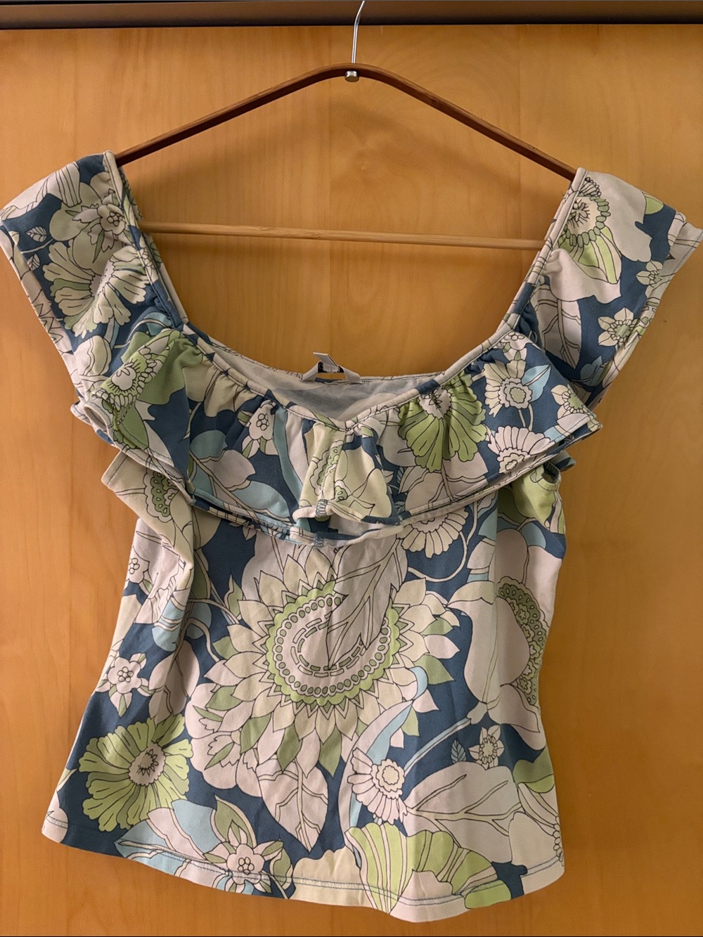 Guess Floral Ruffle Off-Shoulder Camisole in Blue & Green